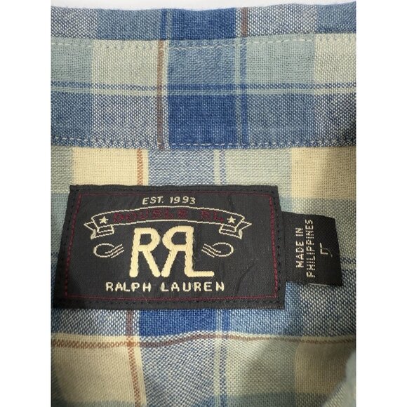 RRL Double RL Ralph Lauren Mens Popover Shirt Sz Large Blue Plaid Long Sleeve - Picture 4 of 12